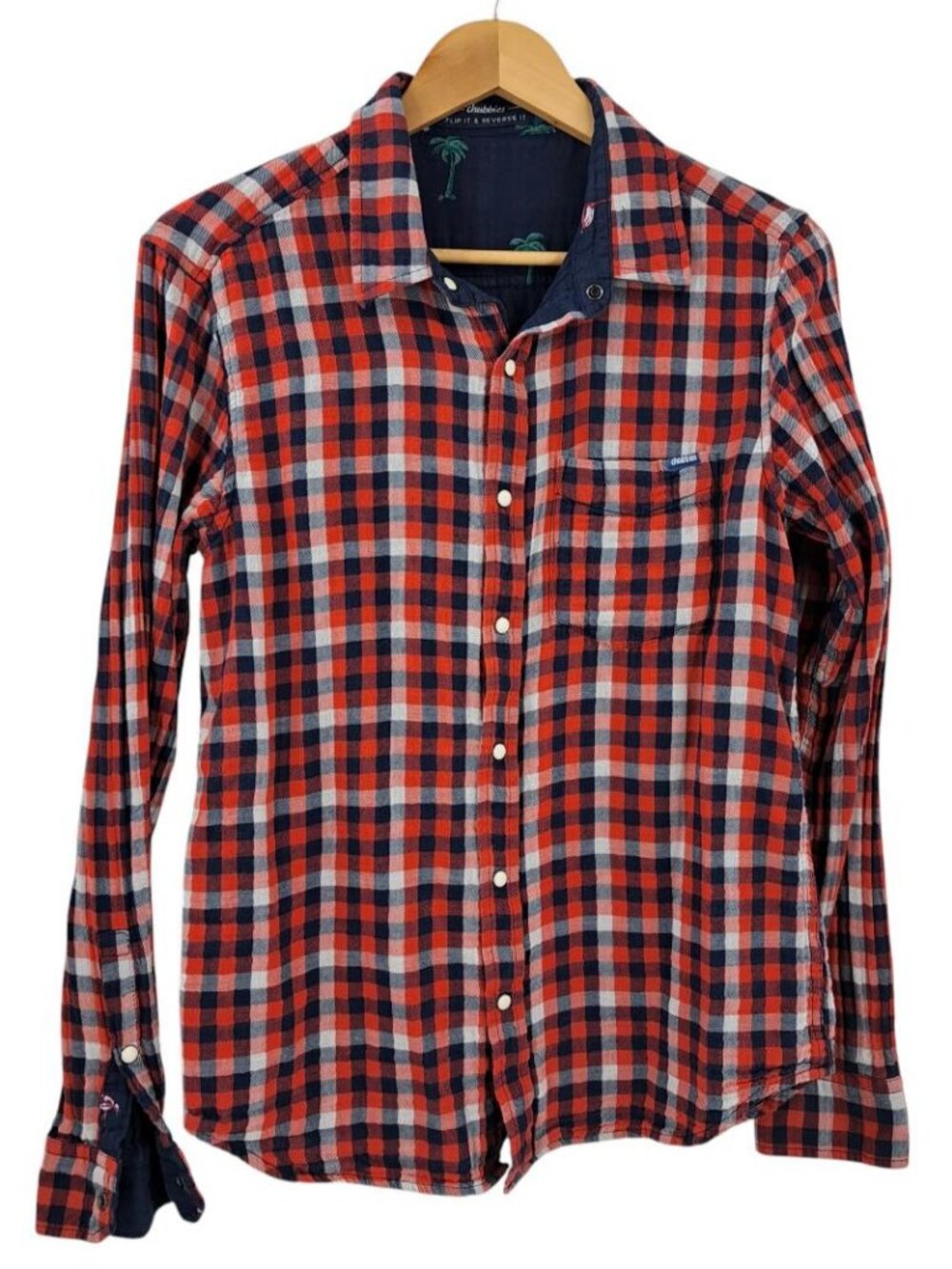 Chubbies Flip It & Reverse It Reversible Snap Shirt Plaid Flamingos Size M Red